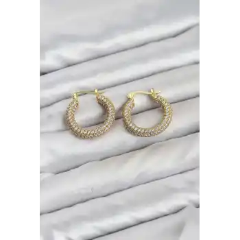 Gold Renk Full Zirkon Taşlı Halka Kadın Küpe