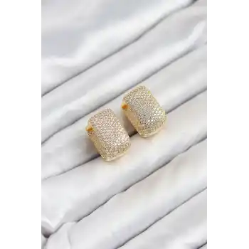 Gold Renk Full Zirkon Taşlı Kare Halka Kadın Küpe