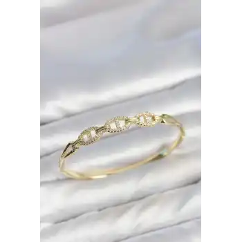 Gold Renk Gemi Zinciri Model Zirkon Taşlı Kadın Kelepçe Bileklik