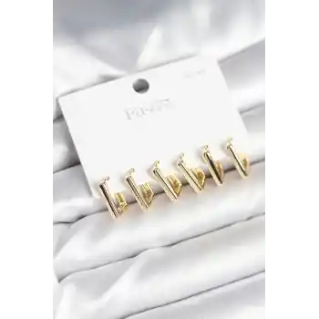 Gold Renk Kare Model Pirinç 925 Ayar Gümüş Çivili Kadın Küpe Seti