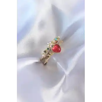 Gold Renk Kırmızı Zirkon Taş Kalp Model Pirinç Kadın Yüzük
