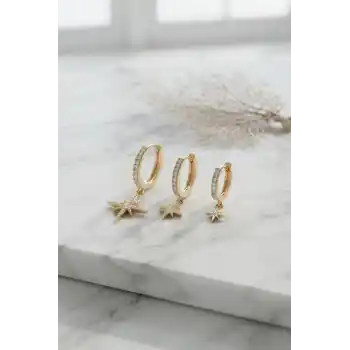 Gold Renk Kutup Yıldız Model 3 lü Küpe Seti