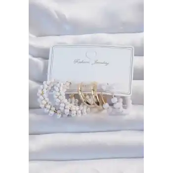 Gold Renk Lila Boncuklu Halka Küpe Seti