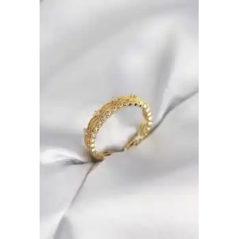 Gold Renk Motif Desenli Zirkon Taşlı Kadın Yüzük
