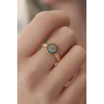 Gold Renk Nazar Boncuk Figür Zirkon Taş Detay Kadın Yüzük
