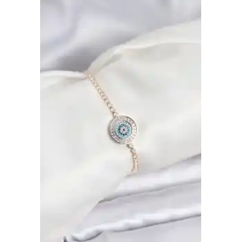 Gold Renk Nazar Model Zirkon Taşlı Asansörlü Su Yolu Bileklik