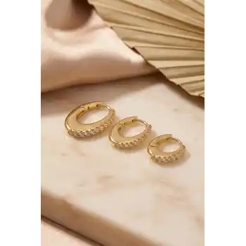 Gold Renk Oval Halka Model Zirkon Taşlı 3 lü Küpe Set