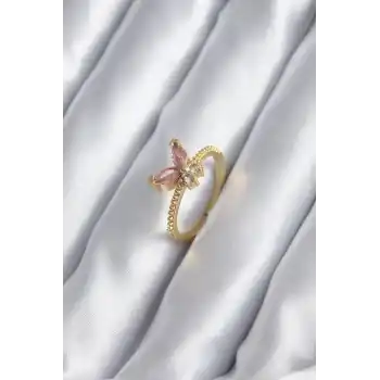 Gold Renk Pembe Zirkon Taşlı Kelebek Model Kadın Yüzük