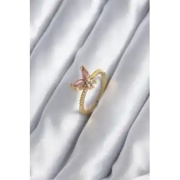 Gold Renk Pembe Zirkon Taşlı Kelebek Model Kadın Yüzük