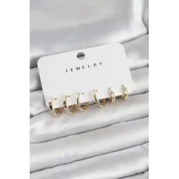 Gold Renk Pirinç 3 Çift Kadın Küpe Seti