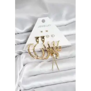 Gold Renk Pirinç 6lı Kadın Küpe Seti
