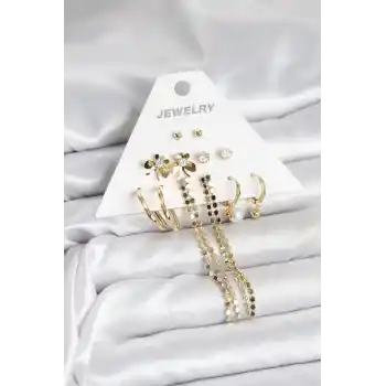 Gold Renk Pirinç 6lı Kadın Küpe Seti