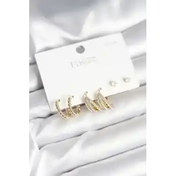 Gold Renk Pirinç 925 Ayar Gümüş Çivili Kadın Küpe Seti