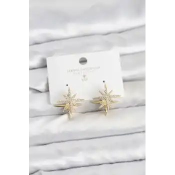 Gold Renk Pirinç Çift Taraflı Kutup Yıldızı Kadın Küpe