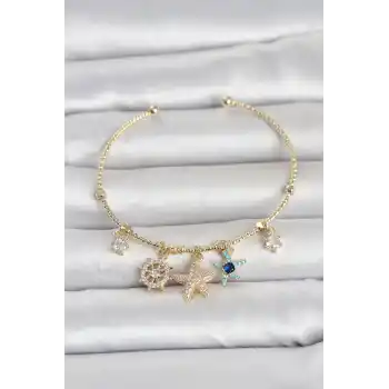 Gold Renk Pirinç Deniz Tema Charmlı Kadın Bileklik