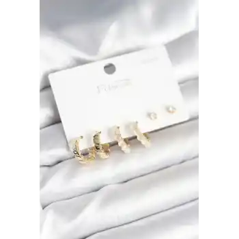 Gold Renk Pirinç Halka 925 Ayar Gümüş Çivili Kadın Küpe Seti