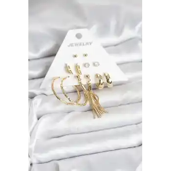 Gold Renk Pirinç Kadın 6 Çift Küpe Seti