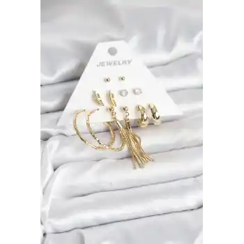 Gold Renk Pirinç Kadın 6 Çift Küpe Seti