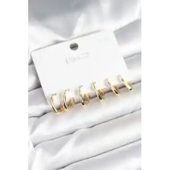 Gold Renk Pirinç Kare Halka Model 925 Ayar Gümüş Çivili Kadın Küpe Seti