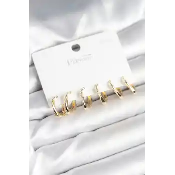 Gold Renk Pirinç Kare Halka Model 925 Ayar Gümüş Çivili Kadın Küpe Seti