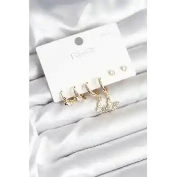 Gold Renk Pirinç Kelebek Model 925 Ayar Gümüş Çivili Kadın Küpe Seti