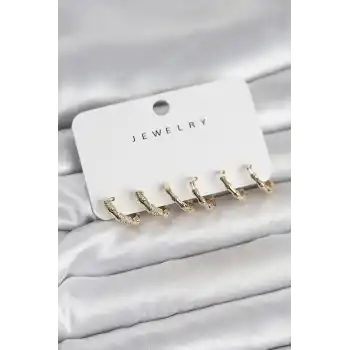 Gold Renk Pirinç Kemik Model 3 Çift Kadın Küpe Seti