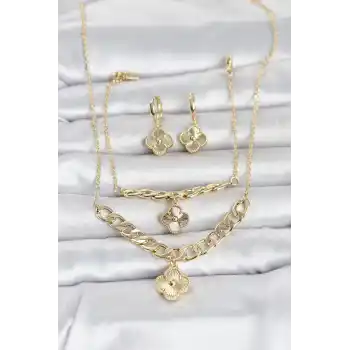 Gold Renk Pirinç Kolye Bileklik ve Küpe Seti