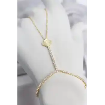 Gold Renk Pirinç Lazerli Yonca Model Zirkon Taşlı Şahmeran