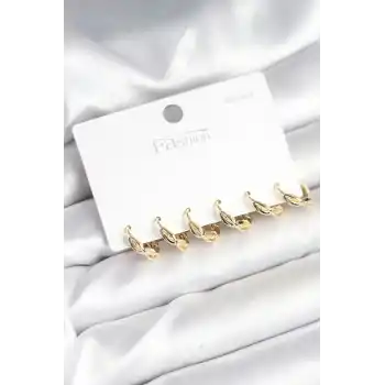 Gold Renk Pirinç Sarmal Model 925 Ayar Gümüş Çivili Kadın Küpe Seti