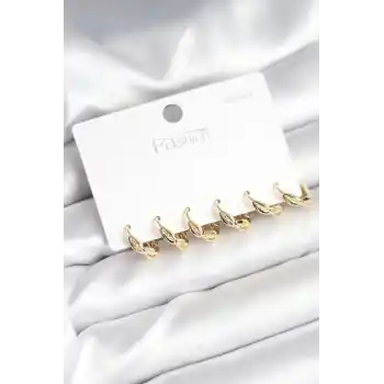 Gold Renk Pirinç Sarmal Model 925 Ayar Gümüş Çivili Kadın Küpe Seti