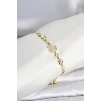 Gold Renk Pirinç Sedefli Asansörlü Kadın Bileklik