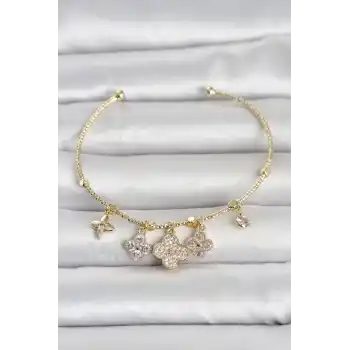 Gold Renk Pirinç Yonca Detaylı Charmlı Kadın Bileklik