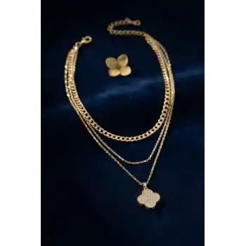 Gold Renk Pirinç Yonca Detaylı Kadın Kolye Kombini