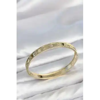 Gold Renk Pirinç Yonca Model Zirkon Taşlı Kadın Kelepçe Bileklik