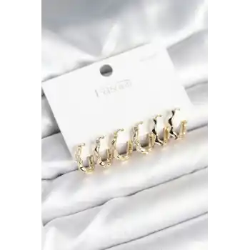 Gold Renk Pirinç Zikzak Model 925 Ayar Gümüş Çivili Kadın Küpe Seti