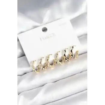 Gold Renk Pirinç Zikzak Model 925 Ayar Gümüş Çivili Kadın Küpe Seti