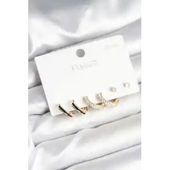 Gold Renk Pirinç Zirkon Taşlı 925 Ayar Gümüş Çivili Kadın Küpe Seti