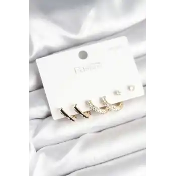 Gold Renk Pirinç Zirkon Taşlı 925 Ayar Gümüş Çivili Kadın Küpe Seti