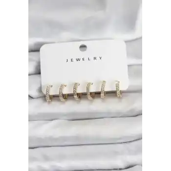 Gold Renk Pirinç Zirkon Taşlı Halka Kadın Küpe Seti