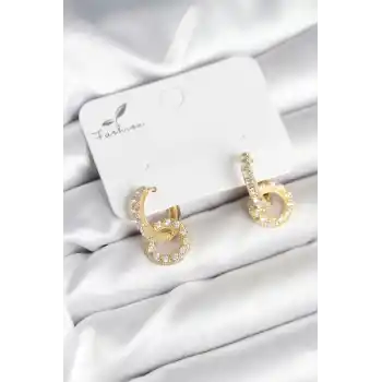 Gold Renk Pirinç Zirkon Taşlı Halka Model Kadın Küpe