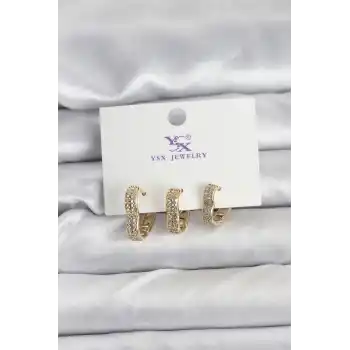 Gold Renk Pirinç Zirkon Taşlı Kalpli Kadın Küpe