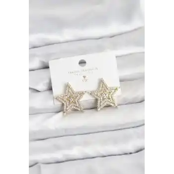 Gold Renk Pirinç Zirkon Taşlı Yıldız Model Kadın Küpe