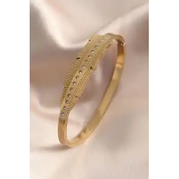 Gold Renk Yaprak Model Zirkon Taş Detay Kelepçe Kadın Bileklik