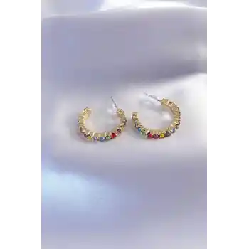 Gold Renk Yarım Halka Model Renkli Kristal Taşlı Kadın Küpe