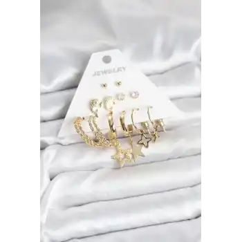 Gold Renk Yıldızlı Set 6 Çift Kadın Küpe Seti