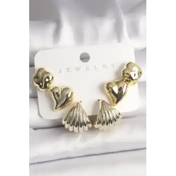 Gold Renk Yonca Kalp Deniz Kabuğu Figür CCB Kadın Küpe Seti