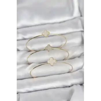 Gold Renk Yonca Model Zirkon Taşlı 3lü Kadın Bileklik Kombini