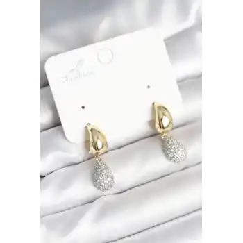 Gold Renk Zirkon Taşlı Damla Pirinç Kadın Küpe