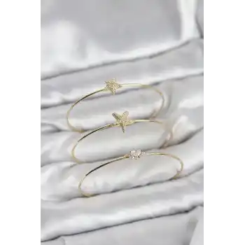 Gold Renk Zirkon Taşlı Deniz Yıldızı Model 3lü Kadın Bileklik Kombini