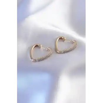 Gold Renk Zirkon Taşlı Kalp Model Kadın Küpe